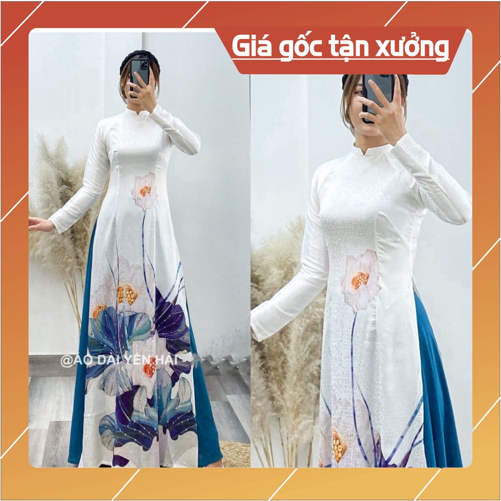 [Ảnh thật} Áo dài cách tân truyền thống lụa phi yến trắng hoạ tiết hoa sen | PY12