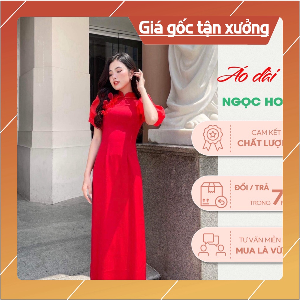 [Ảnh thật} Áo Dài Cách Tân,Chất Liệu Lụa Mỹ Kết Hợp Với Von Ở Tay, Áo Dài Tay Bống Đính Hoa Trước Ngực Nhiều Màu ĐỎ, VÀ