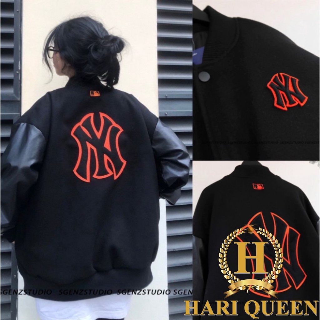 Áo khoác bomber 2 lớp nam nữ thêu N.Y đỏ phối tay da siêu hot HARIQUEENFASHION