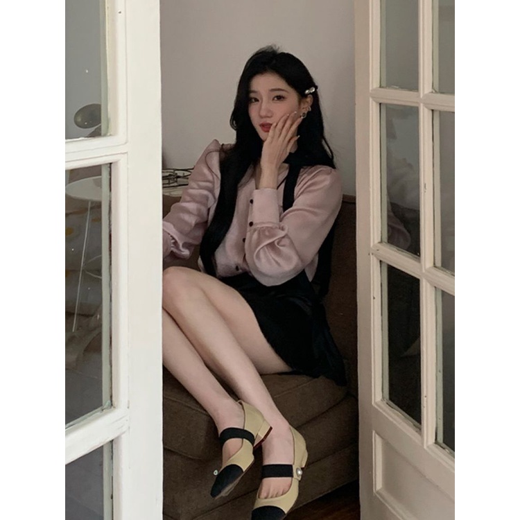 Áo Sơ Mi Satin Cổ Chữ v Màu Đen Cà Vạt Đơn Giản Thời Trang Xuân Hè Dành Cho Nữ