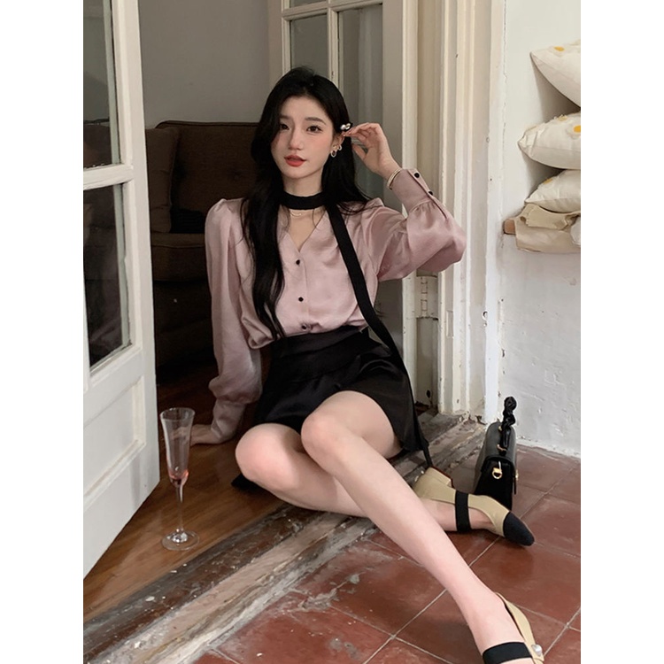 Áo Sơ Mi Satin Cổ Chữ v Màu Đen Cà Vạt Đơn Giản Thời Trang Xuân Hè Dành Cho Nữ