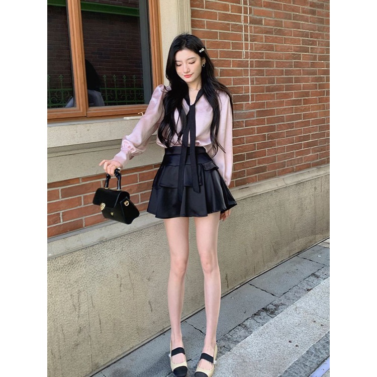 Áo Sơ Mi Satin Cổ Chữ v Màu Đen Cà Vạt Đơn Giản Thời Trang Xuân Hè Dành Cho Nữ