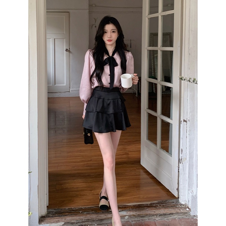 Áo Sơ Mi Satin Cổ Chữ v Màu Đen Cà Vạt Đơn Giản Thời Trang Xuân Hè Dành Cho Nữ