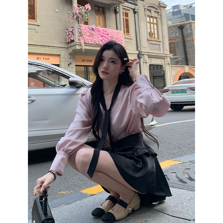 Áo Sơ Mi Satin Cổ Chữ v Màu Đen Cà Vạt Đơn Giản Thời Trang Xuân Hè Dành Cho Nữ