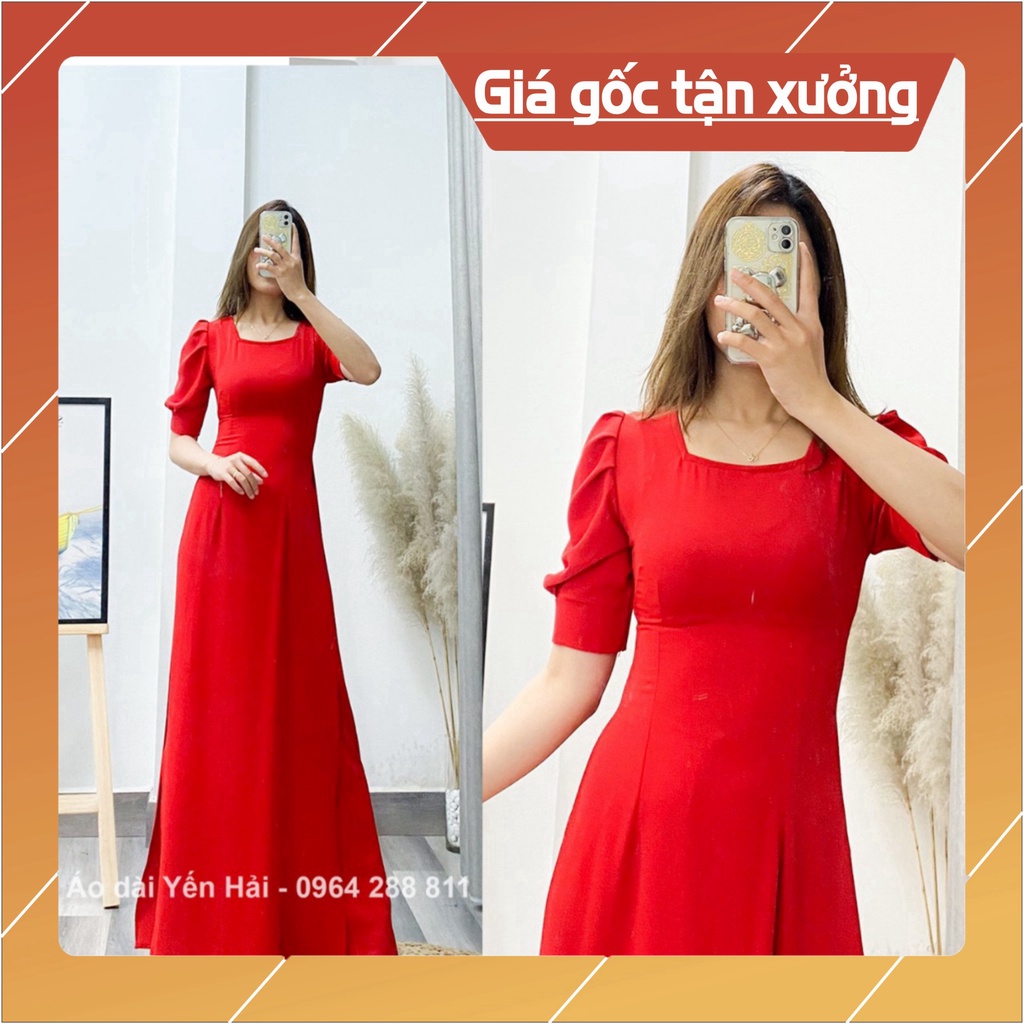 [Ảnh thật} Áo dài lụa Thái Tuấn thiết kế màu đỏ cổ vuông trẻ trung | HT55