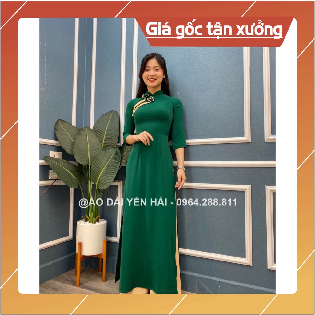 [Ảnh thật} Áo dài may sẵn chất lụa thái tuấn màu xanh lá cây | Áo dài Yến Hải | HT20