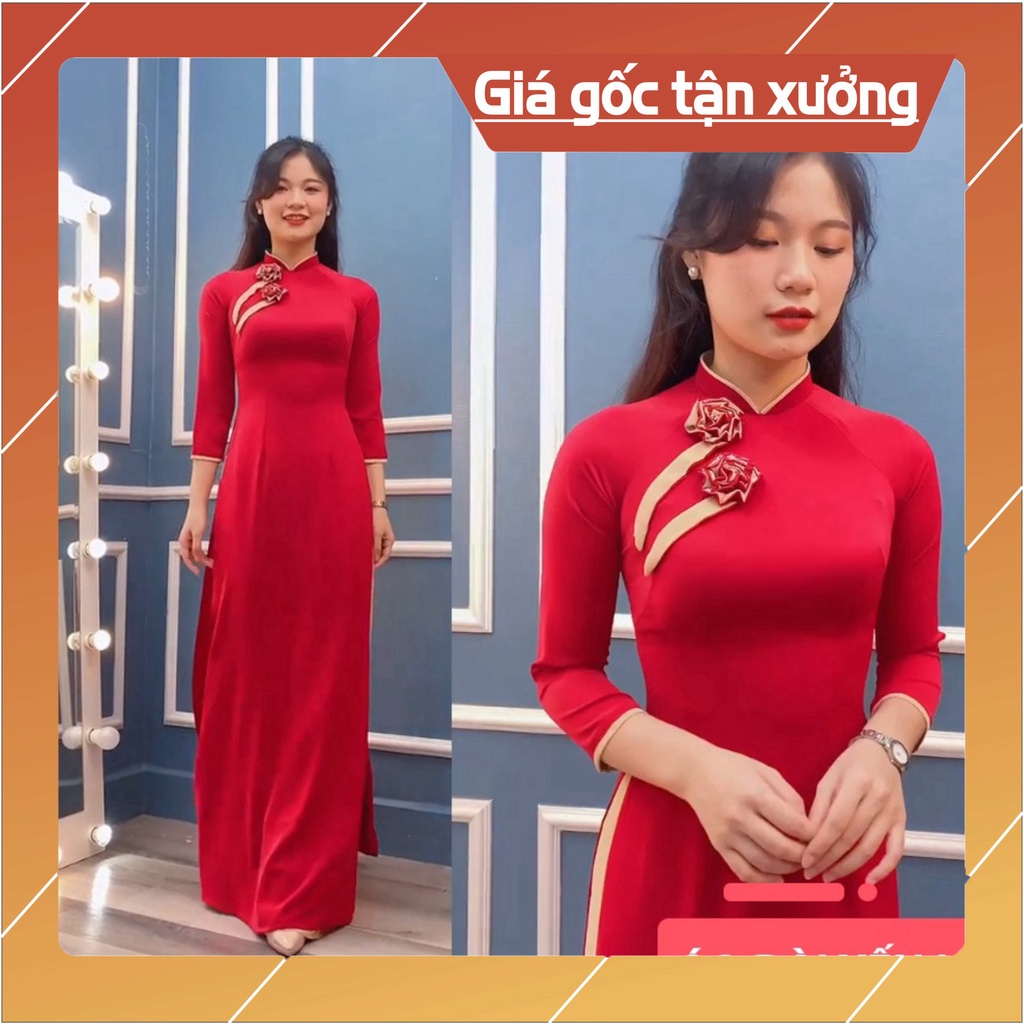 [Ảnh thật} Áo dài truyền thống Lụa Thái Tuấn màu đỏ có đính Hoa thiết kế trước ngực | HT16