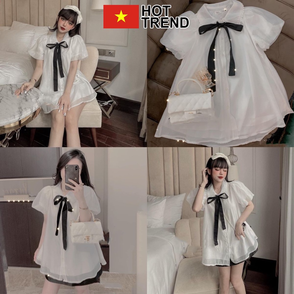 Áo sơ mi nữ kiểu babydoll phối ren mix nơ cổ HOTTREND - Áo babydoll form rộng dáng xòe mặc thoải mái cháy phố 2023