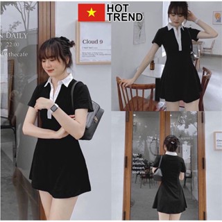 Váy polo nữ đen cổ trắng ngắn tay dáng xòe kiểu ôm body HOTTREND - Đầm cổ nẻ phong cách basic sexy mặc đi chơi siêu xinh