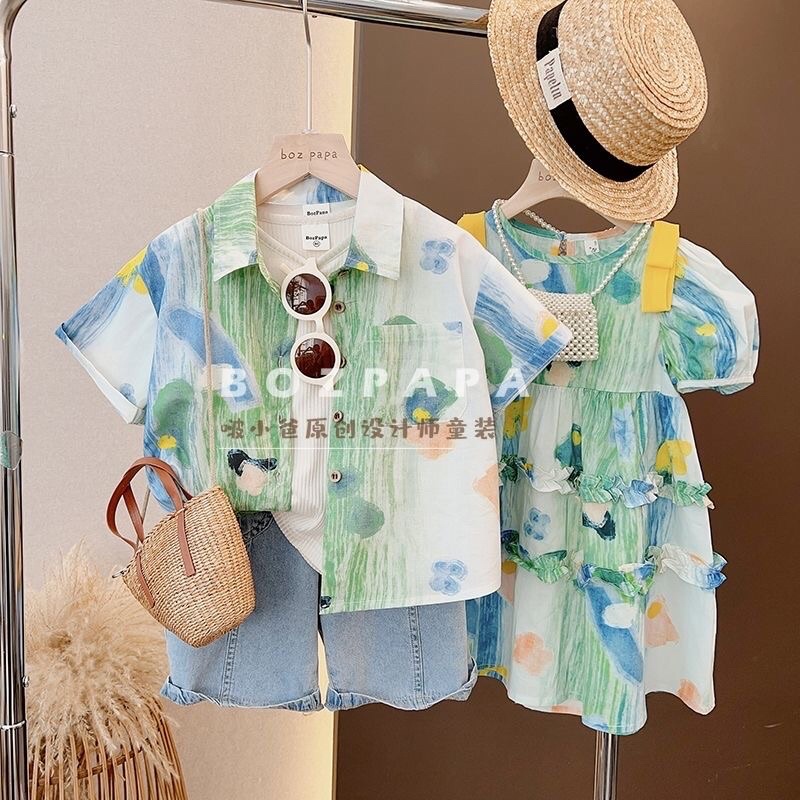 (Ảnh thật) Set bộ cặp đôi áo sơ mi bé trai váy đầm babydoll bé gái hoạ tiết mùa hè 2023