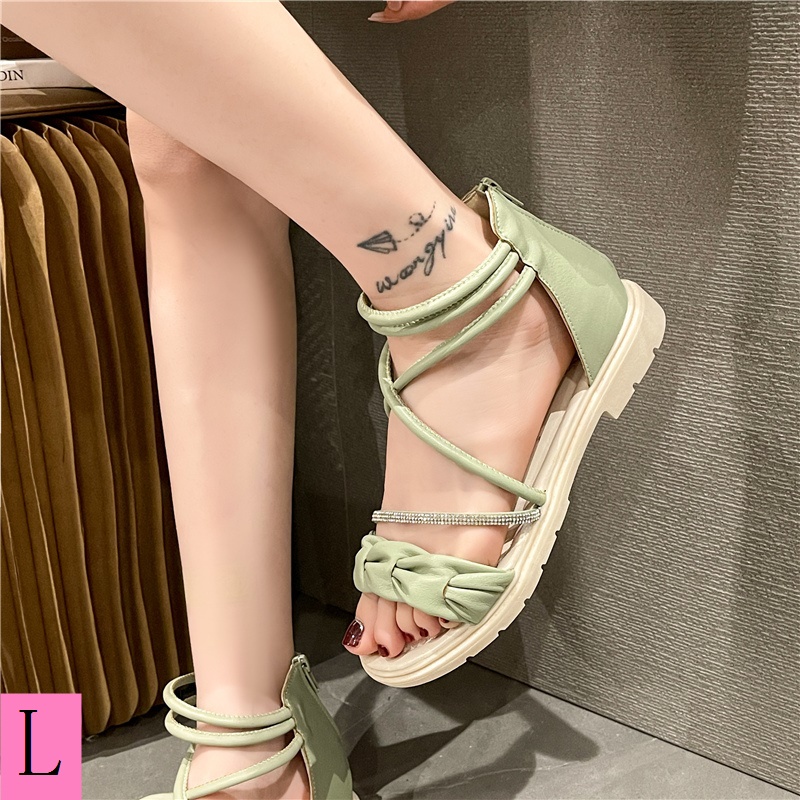 Giày Sandal Mùa Hè 2023 Cột Dây Sau Lưng Phong Cách Hàn Quốc Có Khóa Kéo Cho Nữ