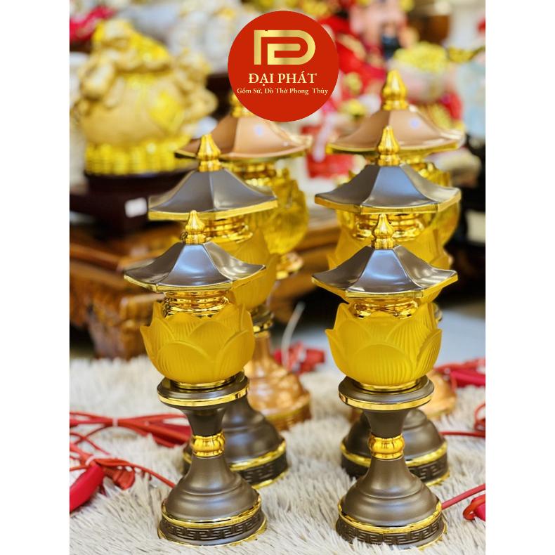 Cặp đèn thờ hoa sen lưu ly ĐÂỊ PHÁT, Đèn thờ để ban thần tài, ban gia tiên cắm điện led siêu sáng