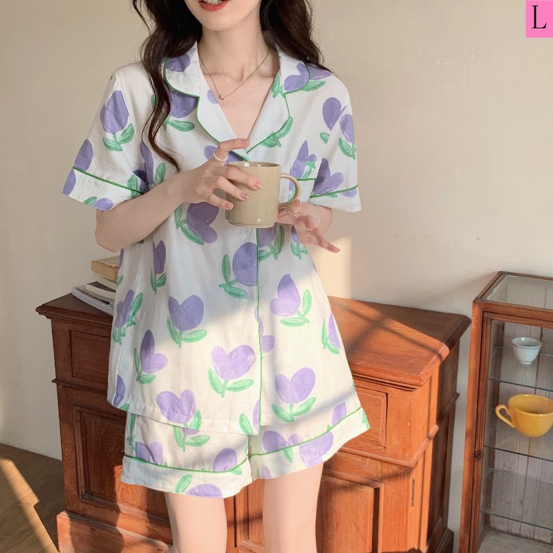 Bộ Đồ Ngủ Áo Tay Ngắn Phối Quần Short Mỏng Dáng Rộng In Hình Hoa Tulip Phong Cách Hàn Quốc Thời Trang Mùa Hè Mới Cho Nữ