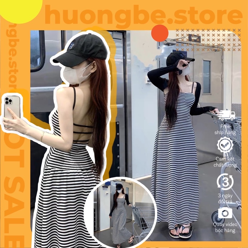 Váy dạo phố, maxi dài hai dây, cúp ngực, kẻ vằn đen trắng mix cadigan tiểu thư