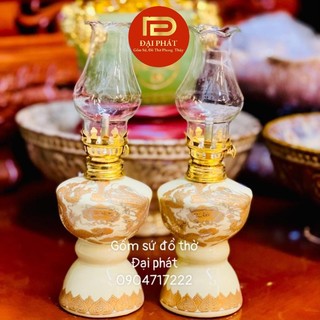 Đèn dầu men vàng đại phát, phúc lộc thọ chất liệu gốm sứ