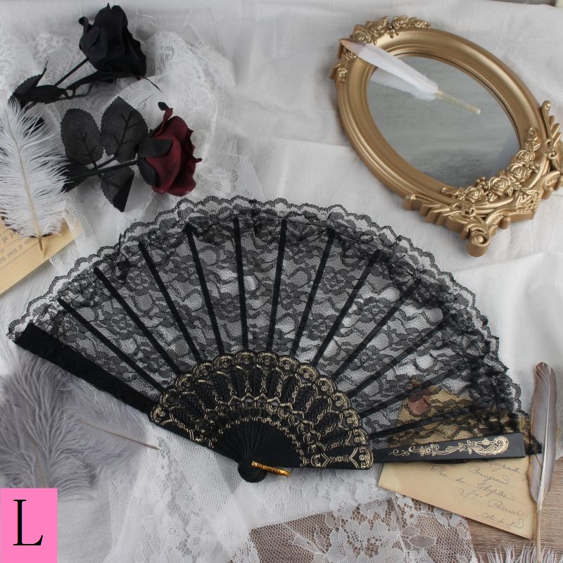 Quạt Xếp Phối Ren Tua Rua Màu Đen Phong Cách Lolita Cổ Điển