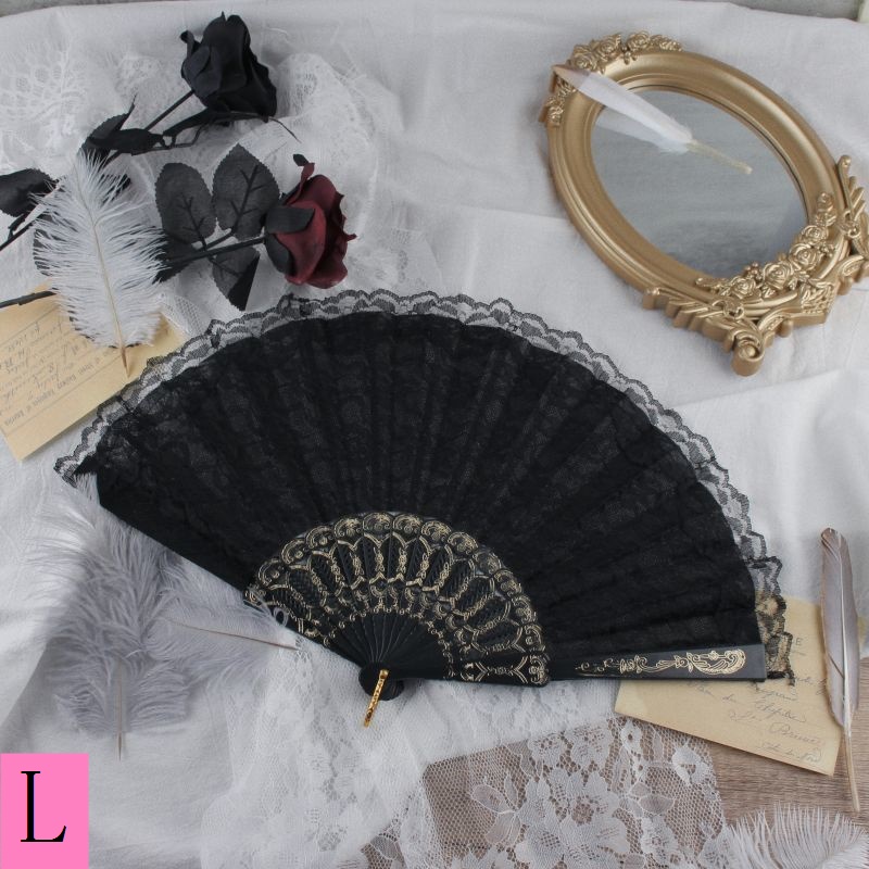 Quạt Xếp Phối Ren Tua Rua Màu Đen Phong Cách Lolita Cổ Điển