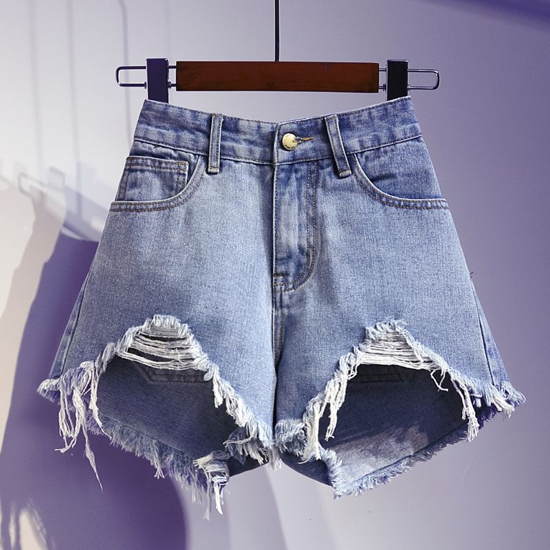 Quần Short Denim Lưng Cao Dáng Rộng Rách Cá Tính Thời Trang Hàn Quốc Cho Nữ