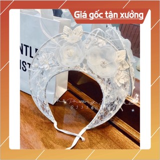 [ảnh thật} mấn vành ren trắng đính hoa nổi và lông vũ xinh xắn-mấn đội đầu cô dâu [nhã phương bridal]