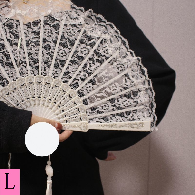 Quạt Xếp Phối Ren Tua Rua Màu Đen Phong Cách Lolita Cổ Điển