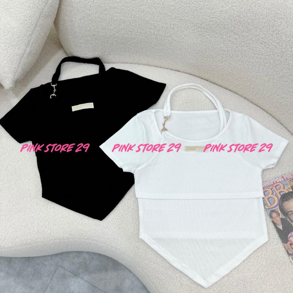 Áo Croptop Tay Ngắn PINKSTORE29 Thun Gân Vạt Nhọn Phối Cổ Yếm Xích Lấp Lánh A5446