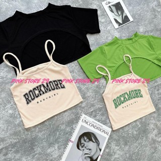 Áo Croptop Tay Ngắn PINKSTORE29 Dáng Ôm Họa Tiết In Chữ ROCKMORE A5485