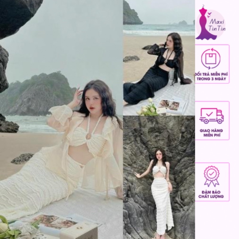 Set đi biển cổ yếm khoen cut eo chân váy dài cao cấp siêu sexy sang chảnh quyến rũ