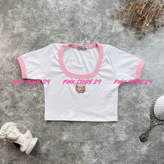 Áo Croptop Ôm Body Cổ Tròn Tay Ngắn Áo Trắng Viền Hồng Họa Tiết Thêu Con Mèo A5316