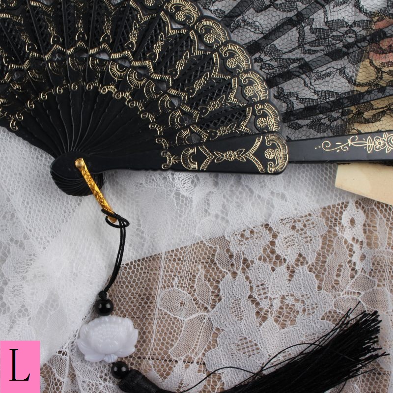 Quạt Xếp Phối Ren Tua Rua Màu Đen Phong Cách Lolita Cổ Điển