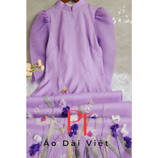 PT1 Áo dài truyền thống Áo dài may sẵn họa tiết hoa sen 4 tà vải tơ óng đính kết mềm mại