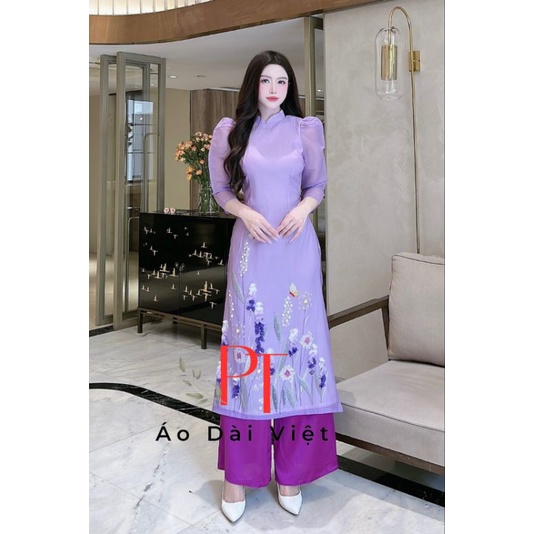 PT1 Áo dài truyền thống Áo dài may sẵn họa tiết hoa sen 4 tà vải tơ óng đính kết mềm mại
