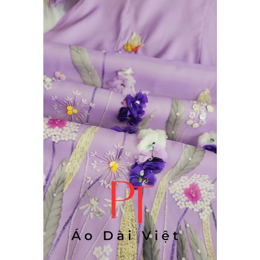 PT1 Áo dài truyền thống Áo dài may sẵn họa tiết hoa sen 4 tà vải tơ óng đính kết mềm mại