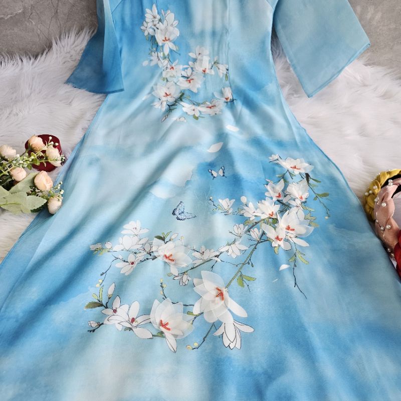 PT1 Áo dài truyền thống Áo dài may sẵn họa tiết hoa sen 4 tà vải tơ óng đính kết mềm mại