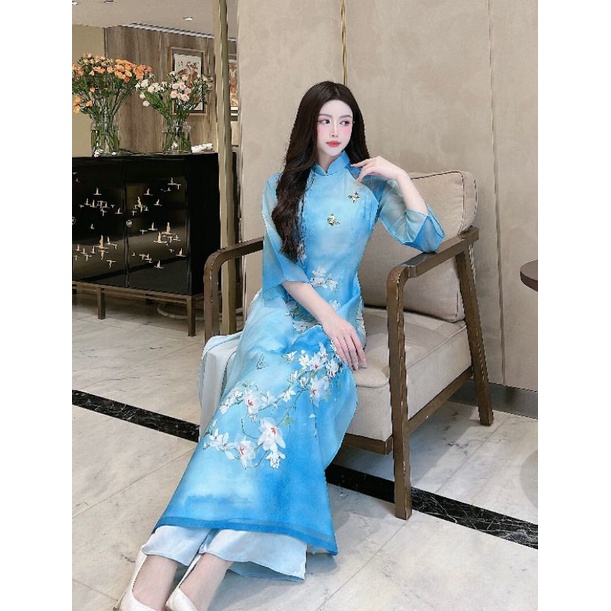 PT1 Áo dài truyền thống Áo dài may sẵn họa tiết hoa sen 4 tà vải tơ óng đính kết mềm mại