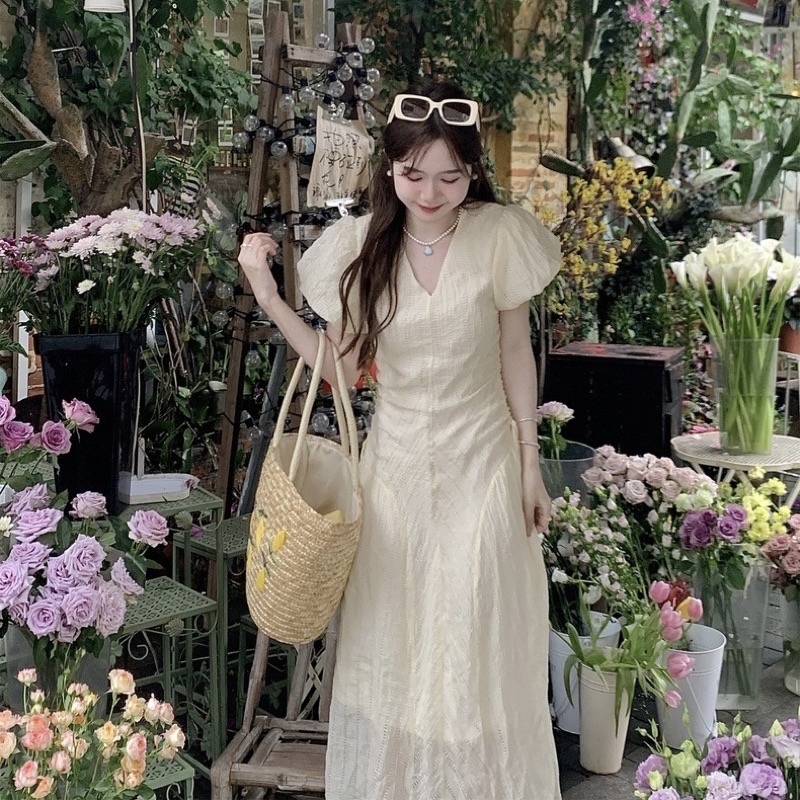 Đầm Cổ V Tay Phồng Váy Dáng Dài Thời Trang Thanh Lịch Phong Cách Hàn Quốc