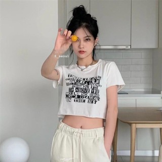 Áo croptop tay ngắn PINKSTORE29 dáng ôm body, in hình chữ phong cách A5567