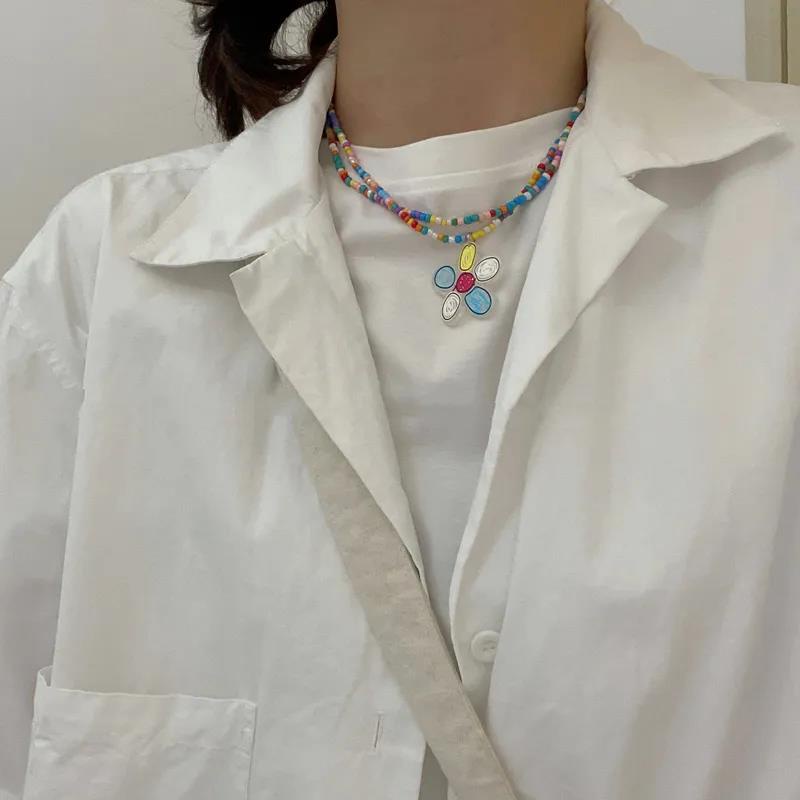 Vòng cổ Hai Lớp Xỏ Hạt Tròn Màu Trơn Dễ Thương y2k