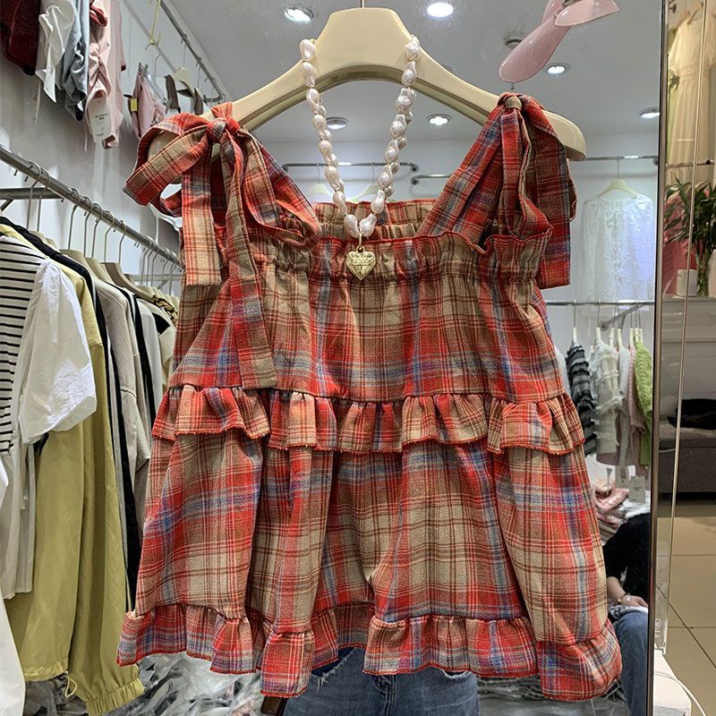 Áo Hai Dây Cổ Vuông Cột Dây Họa Tiết Sọc Caro Phong Cách Retro Ngọt Ngào Cho Bé Gái