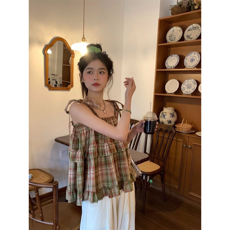 Áo Hai Dây Cổ Vuông Cột Dây Họa Tiết Sọc Caro Phong Cách Retro Ngọt Ngào Cho Bé Gái