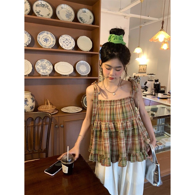 Áo Hai Dây Cổ Vuông Cột Dây Họa Tiết Sọc Caro Phong Cách Retro Ngọt Ngào Cho Bé Gái