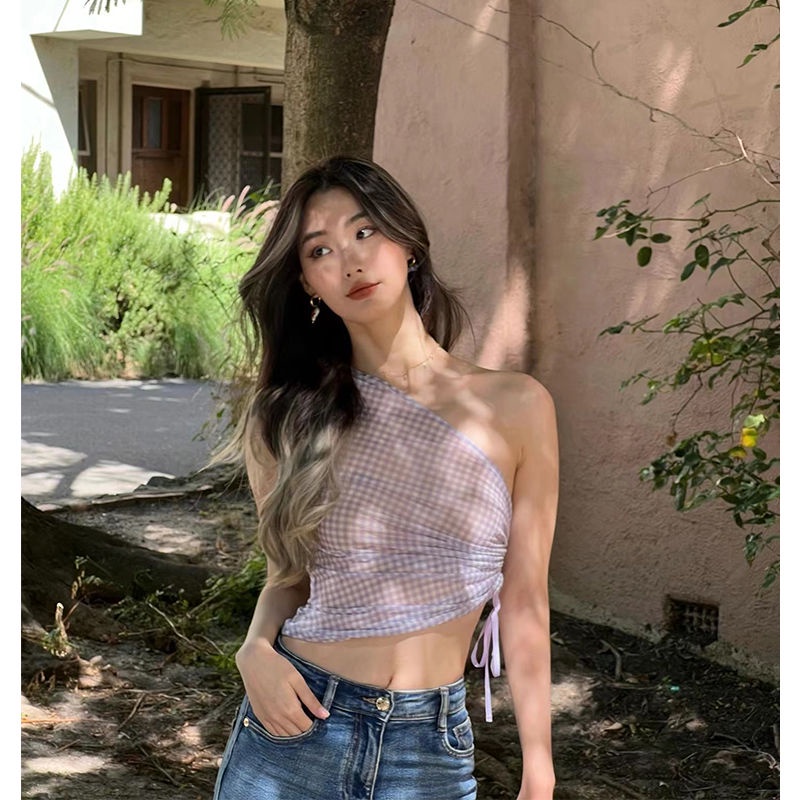 Áo hai dây JSC dáng ngắn họa tiết kẻ sọc phong cách Pháp thời trang mùa hè 2023