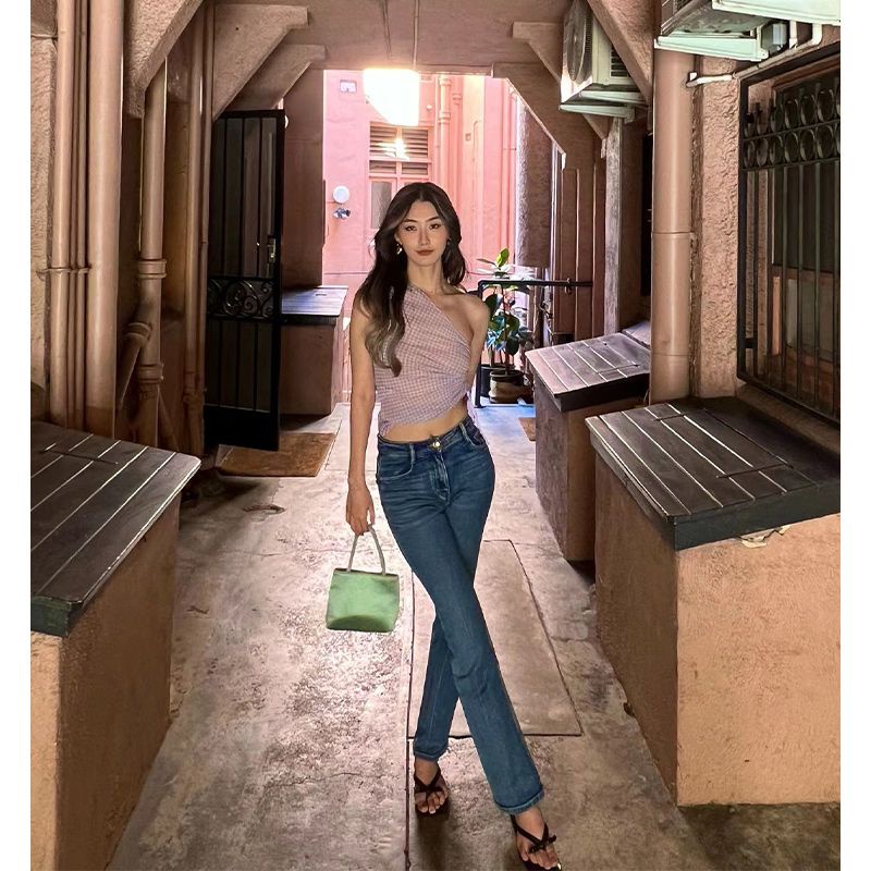 Áo hai dây JSC dáng ngắn họa tiết kẻ sọc phong cách Pháp thời trang mùa hè 2023