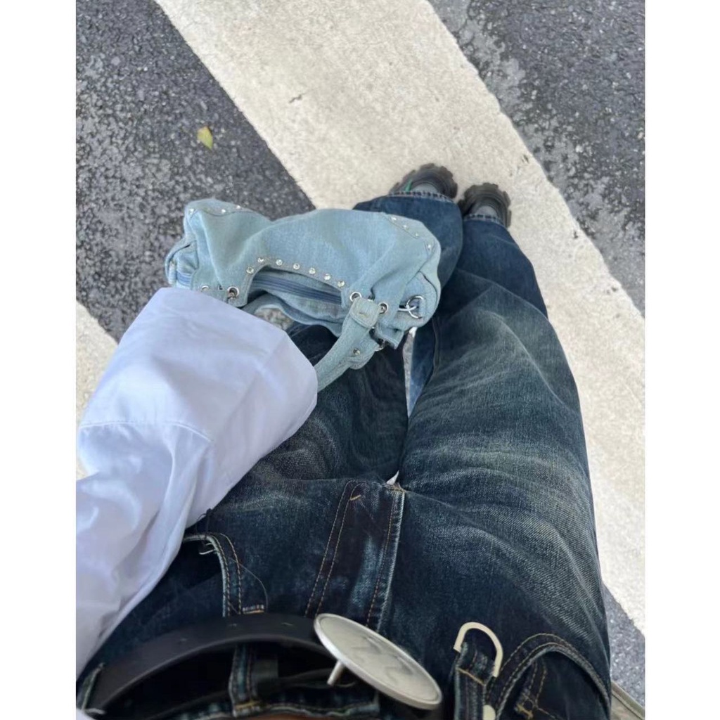 Jiashucheng Quần Jean Ống Rộng Cạp Cao Đường Phố Mỹ Cho Nữ