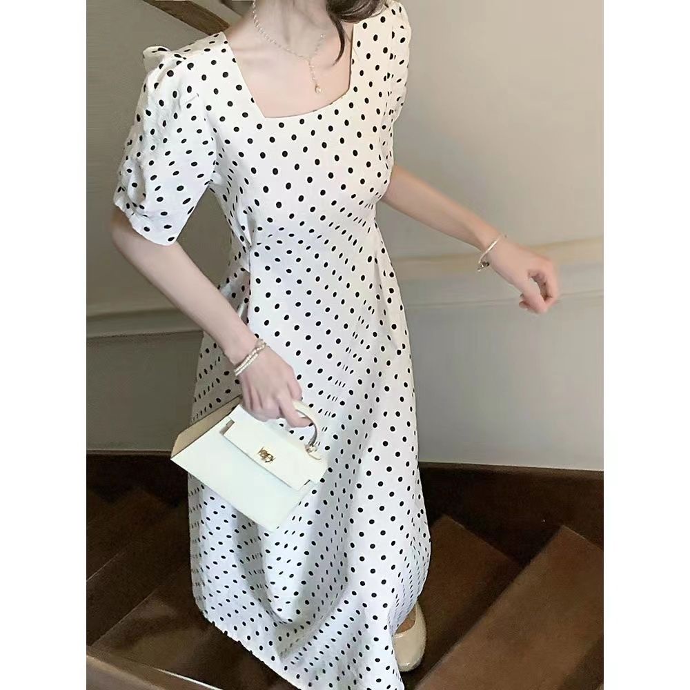 Đầm Tay Ngắn Cổ Vuông Dáng Ôm Họa Tiết Chấm Bi Phong Cách Pháp Thời Trang Xuân Hè Xinh Xắn Cho Nữ