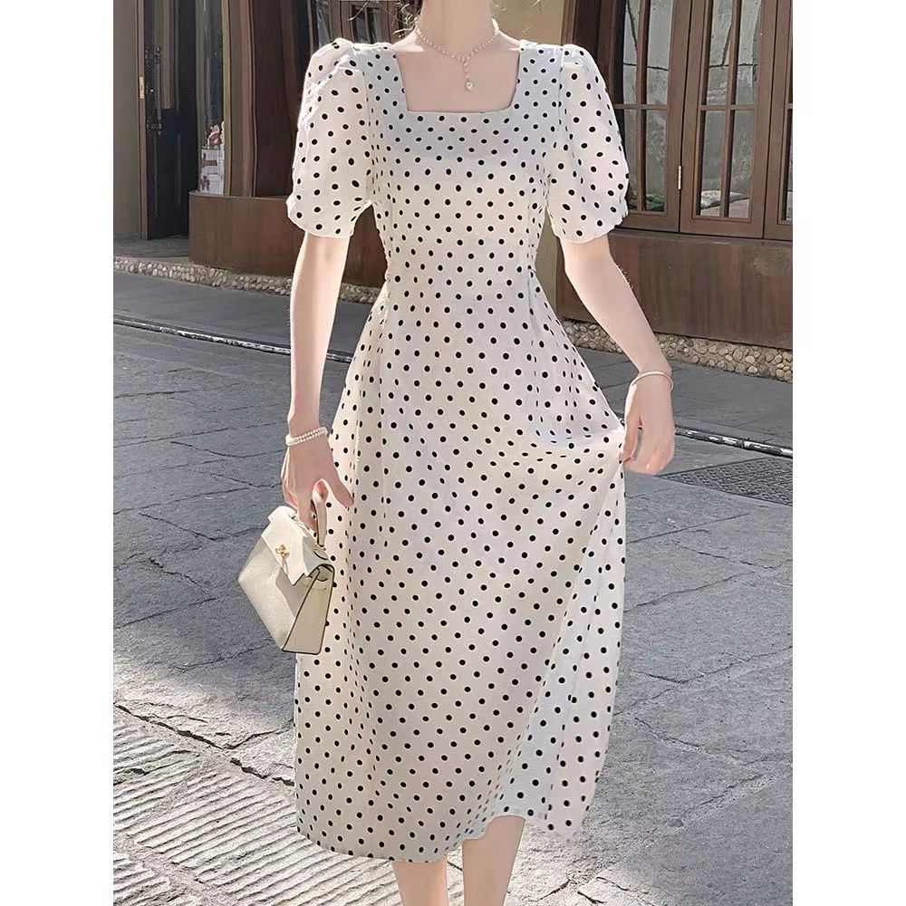 Đầm Tay Ngắn Cổ Vuông Dáng Ôm Họa Tiết Chấm Bi Phong Cách Pháp Thời Trang Xuân Hè Xinh Xắn Cho Nữ