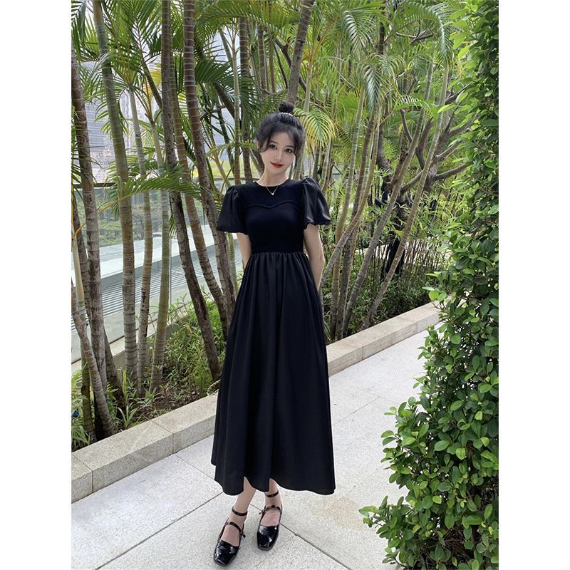 Đầm Midi Tay Ngắn Màu Đen Lưng Cao Phong Cách Pháp Thời Trang Mùa Hè Xinh Xắn Cho Nữ