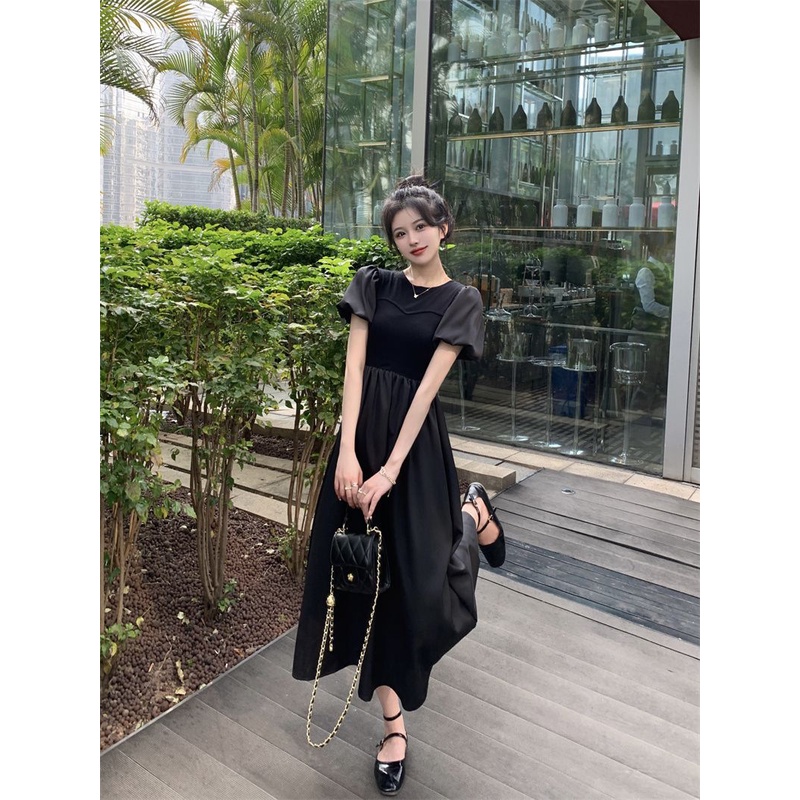 Đầm Midi Tay Ngắn Màu Đen Lưng Cao Phong Cách Pháp Thời Trang Mùa Hè Xinh Xắn Cho Nữ