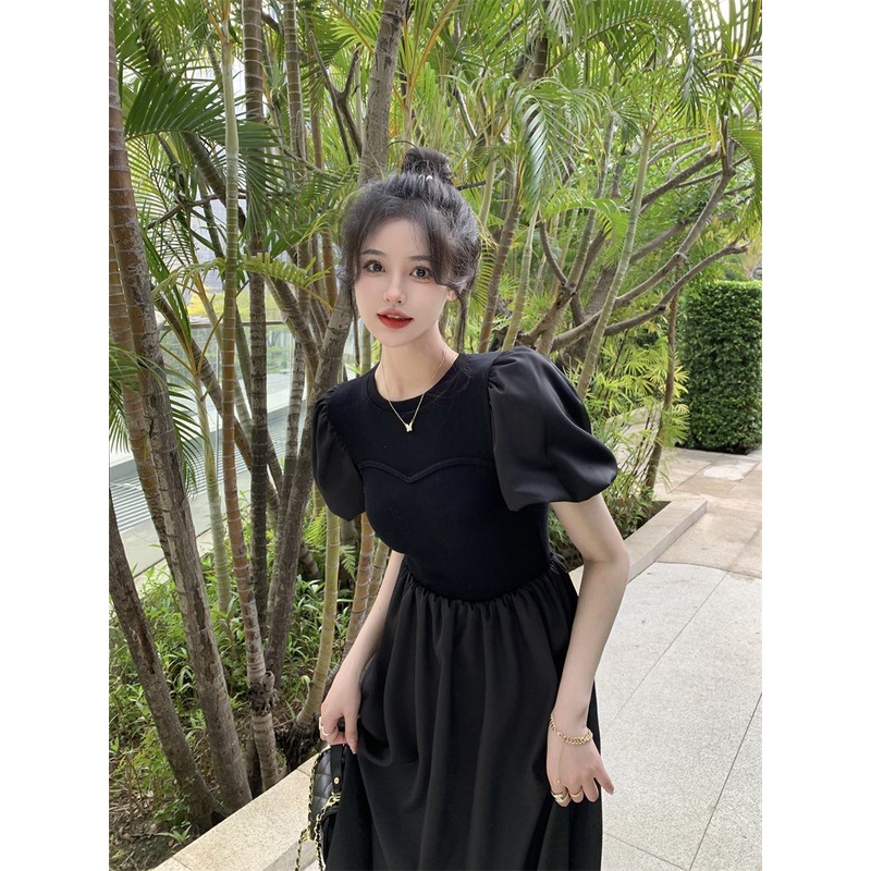 Đầm Midi Tay Ngắn Màu Đen Lưng Cao Phong Cách Pháp Thời Trang Mùa Hè Xinh Xắn Cho Nữ