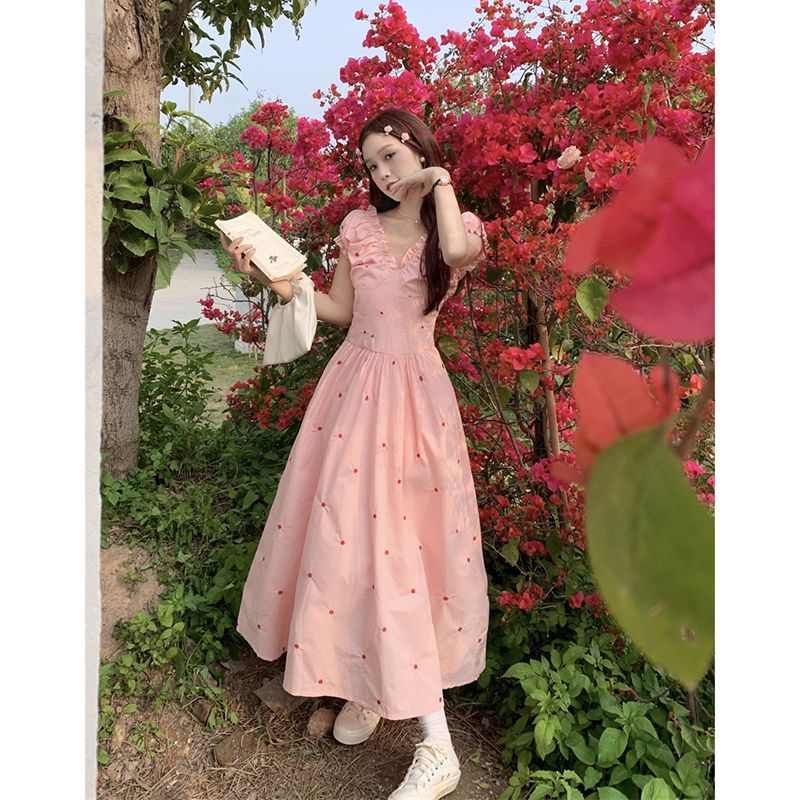 Đầm Tay Phồng Ngắn Cổ Chữ V Ôm Eo Thời Trang Mùa Hè Xinh Xắn Cho Nữ