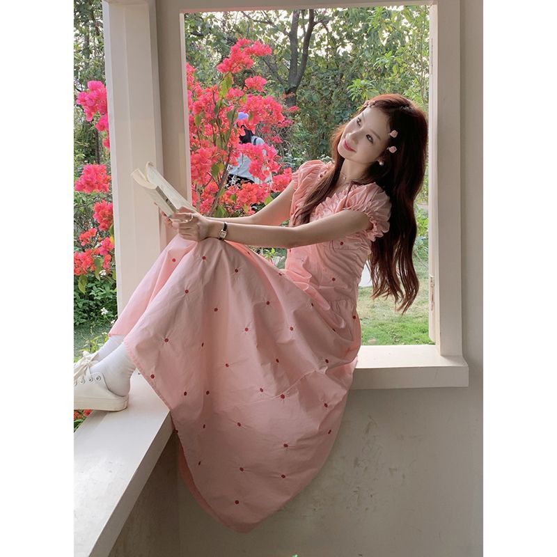 Đầm Tay Phồng Ngắn Cổ Chữ V Ôm Eo Thời Trang Mùa Hè Xinh Xắn Cho Nữ